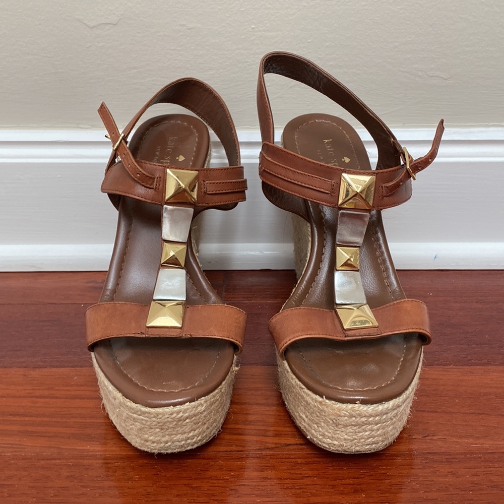 KATE SPADE NEW YORK Brown Leather Studded Accents Espadrilles 8M